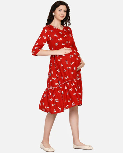 Mine4Nine Red Maternity Nursing Dress-Floral Print-Chiffon-V Neck-Bump Friendly