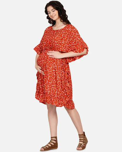 Mine4Nine Orange Maternity Nursing Kaftan Dress-Floral Print-Chiffon-Round Neck-Bump Friendly