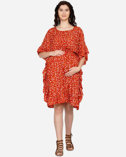 Mine4Nine Orange Maternity Nursing Kaftan Dress-Floral Print-Chiffon-Round Neck-Bump Friendly