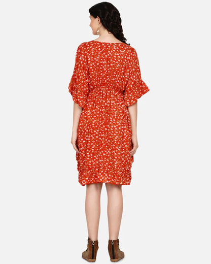 Mine4Nine Orange Maternity Nursing Kaftan Dress-Floral Print-Chiffon-Round Neck-Bump Friendly