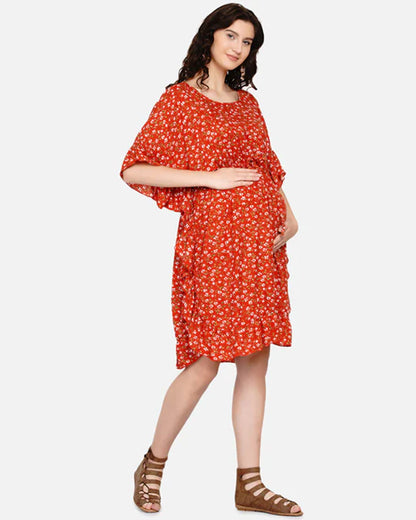 Mine4Nine Orange Maternity Nursing Kaftan Dress-Floral Print-Chiffon-Round Neck-Bump Friendly