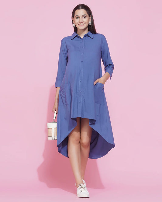 Mine4Nine Blue Maternity Nursing Dress-Solid Color-Rayon-Collar Neck-Bump Friendly