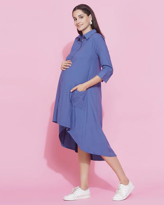 Mine4Nine Blue Maternity Nursing Dress-Solid Color-Rayon-Collar Neck-Bump Friendly