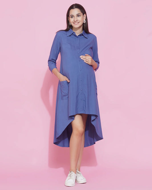 Mine4Nine Blue Maternity Nursing Dress-Solid Color-Rayon-Collar Neck-Bump Friendly