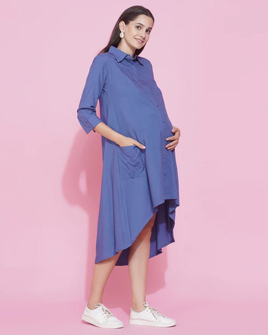 Mine4Nine Blue Maternity Nursing Dress-Solid Color-Rayon-Collar Neck-Bump Friendly