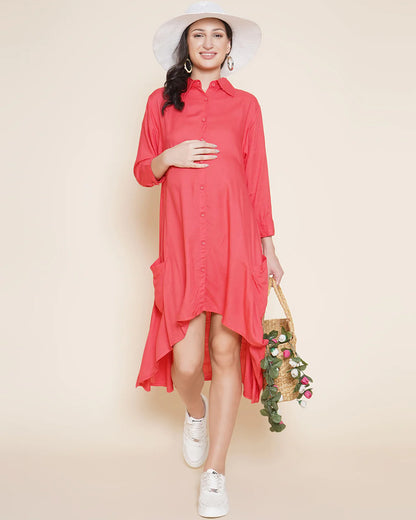 Mine4Nine Orange Maternity Nursing Dress-Solid Color-Rayon-Collar Neck-Bump Friendly