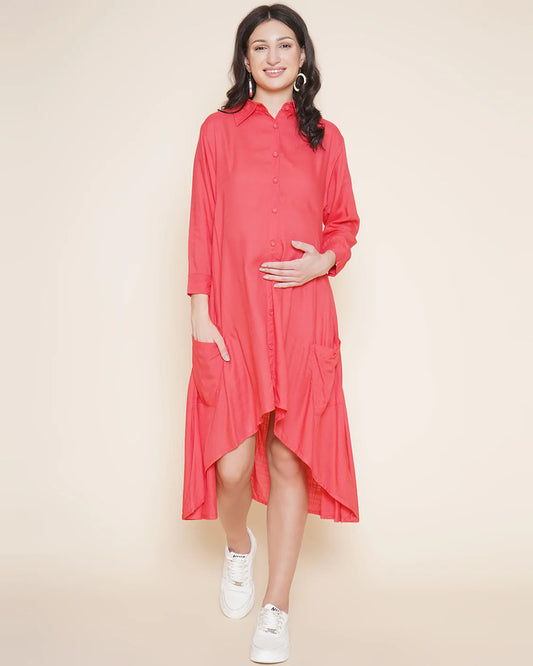 Mine4Nine Orange Maternity Nursing Dress-Solid Color-Rayon-Collar Neck-Bump Friendly