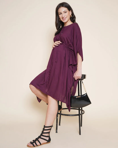 Mine4Nine Purple Maternity Nursing Kaftan Dress-Solid Color-Rayon-Round Neck-Bump Friendly