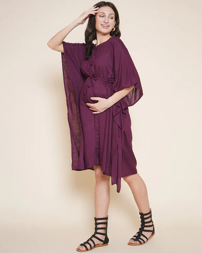 Mine4Nine Purple Maternity Nursing Kaftan Dress-Solid Color-Rayon-Round Neck-Bump Friendly