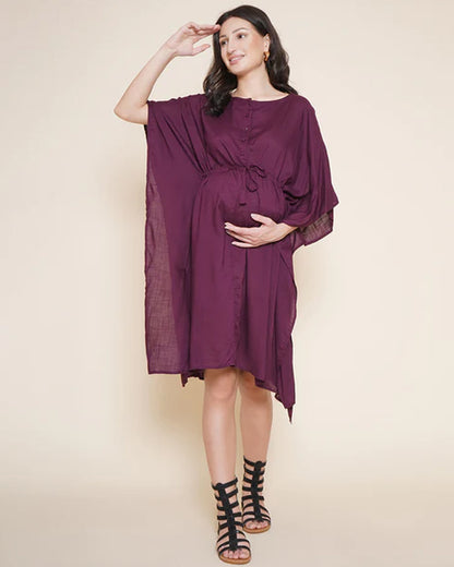 Mine4Nine Purple Maternity Nursing Kaftan Dress-Solid Color-Rayon-Round Neck-Bump Friendly