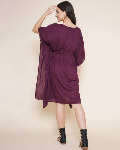 Mine4Nine Purple Maternity Nursing Kaftan Dress-Solid Color-Rayon-Round Neck-Bump Friendly