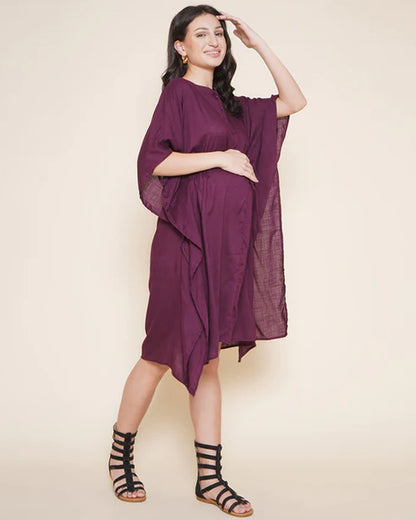 Mine4Nine Purple Maternity Nursing Kaftan Dress-Solid Color-Rayon-Round Neck-Bump Friendly