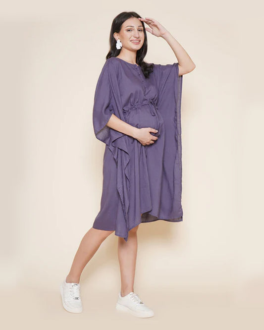 Mine4Nine Lilac Maternity Nursing Kaftan Dress-Solid Color-Rayon-Round Neck-Bump Friendly