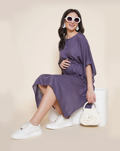 Mine4Nine Lilac Maternity Nursing Kaftan Dress-Solid Color-Rayon-Round Neck-Bump Friendly