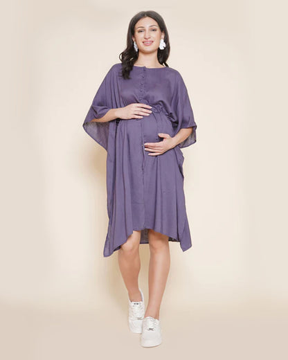 Mine4Nine Lilac Maternity Nursing Kaftan Dress-Solid Color-Rayon-Round Neck-Bump Friendly