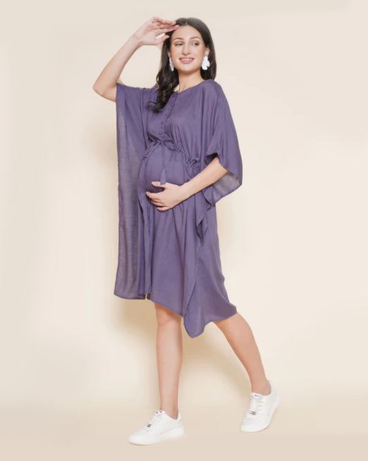 Mine4Nine Lilac Maternity Nursing Kaftan Dress-Solid Color-Rayon-Round Neck-Bump Friendly