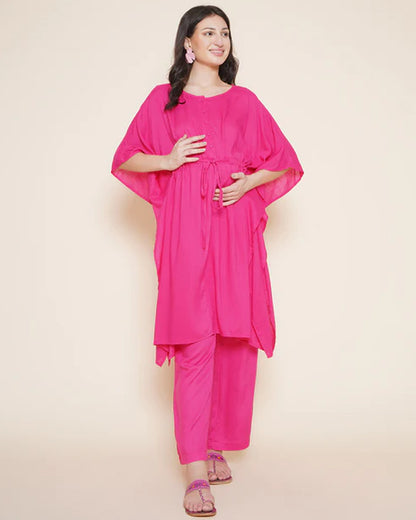 Mine4Nine Pink Maternity Nursing Kaftan Set-Solid Color-Rayon-Round Neck-Bump Friendly