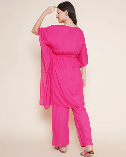 Mine4Nine Pink Maternity Nursing Kaftan Set-Solid Color-Rayon-Round Neck-Bump Friendly