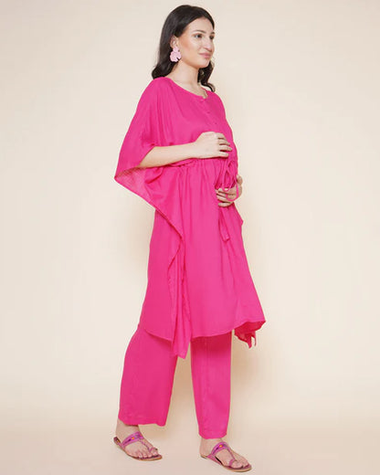 Mine4Nine Pink Maternity Nursing Kaftan Set-Solid Color-Rayon-Round Neck-Bump Friendly