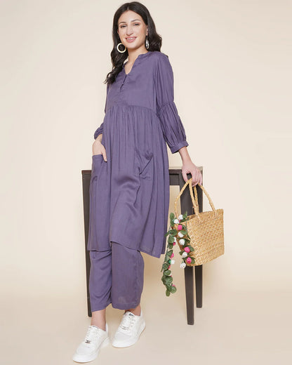 Mine4Nine Lilac Maternity Nursing Kurta Set-Solid Color-Rayon-Bump Friendly