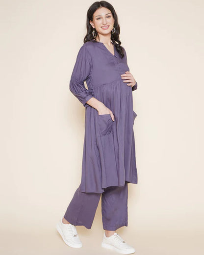 Mine4Nine Lilac Maternity Nursing Kurta Set-Solid Color-Rayon-Bump Friendly
