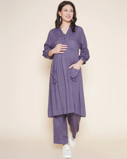 Mine4Nine Lilac Maternity Nursing Kurta Set-Solid Color-Rayon-Bump Friendly
