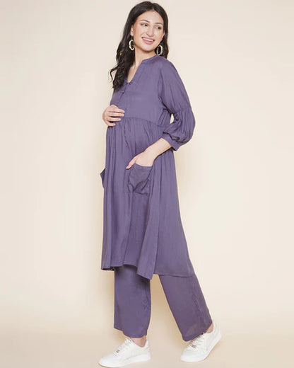 Mine4Nine Lilac Maternity Nursing Kurta Set-Solid Color-Rayon-Bump Friendly