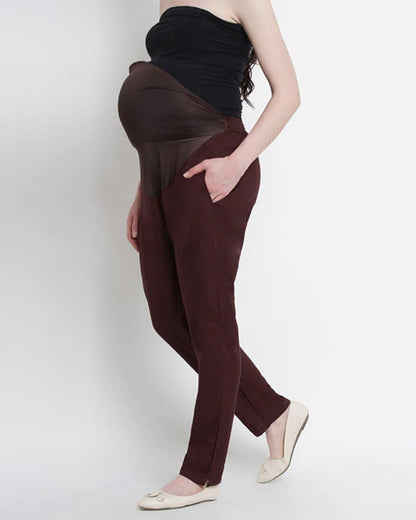 Mine4Nine Brown Maternity Trouser-Solid Color-Rayon-Bump Friendly
