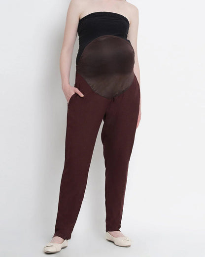 Mine4Nine Brown Maternity Trouser-Solid Color-Rayon-Bump Friendly