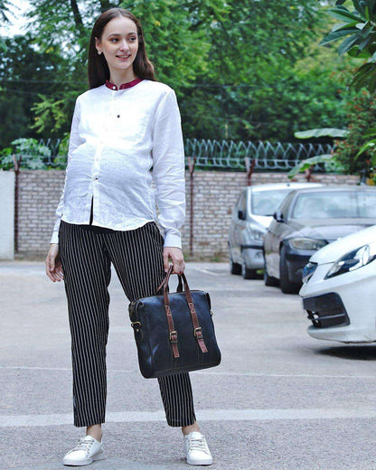 Mine4Nine Black Maternity Trouser-Striped Print-Rayon-Bump Friendly