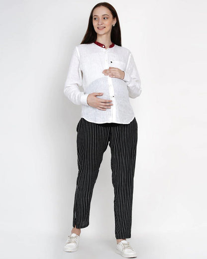 Mine4Nine Black Maternity Trouser-Striped Print-Rayon-Bump Friendly