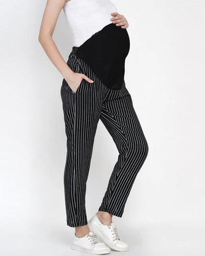 Mine4Nine Black Maternity Trouser-Striped Print-Rayon-Bump Friendly