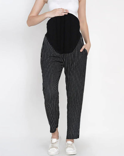 Mine4Nine Black Maternity Trouser-Striped Print-Rayon-Bump Friendly