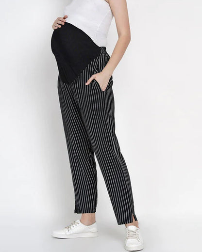 Mine4Nine Black Maternity Trouser-Striped Print-Rayon-Bump Friendly