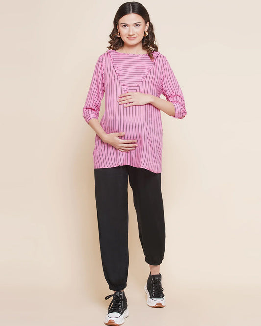 Mine4Nine Black Maternity Jogger-Solid Color-Rayon-Bump Friendly