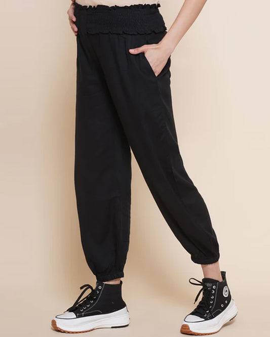 Mine4Nine Black Maternity Jogger-Solid Color-Rayon-Bump Friendly