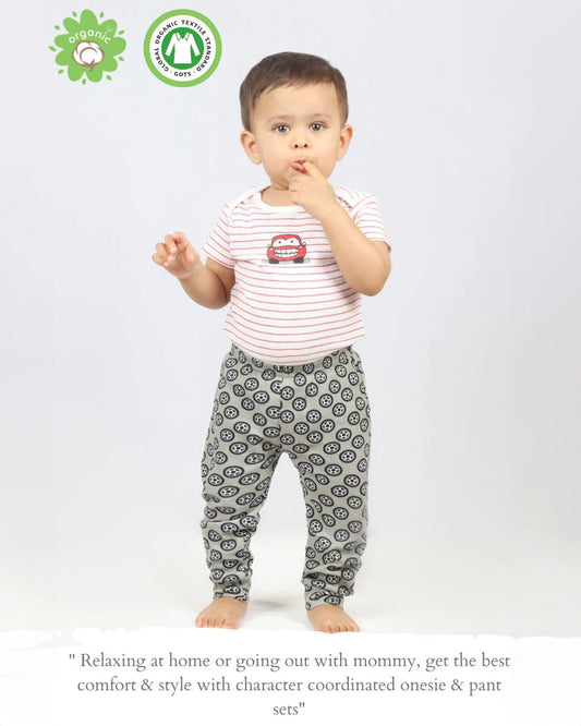 Kaarpas Red & Grey Onesie-Bodysuit Set-Car And The Wheels-Organic Cotton-For Infants