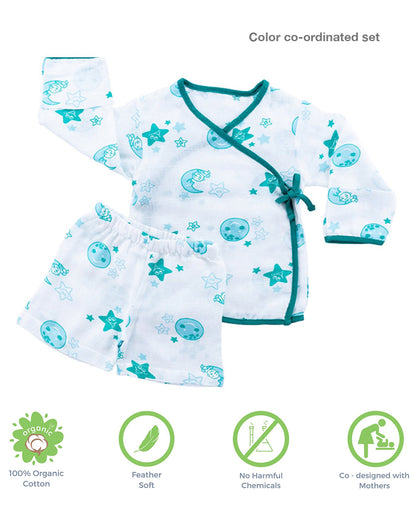 Kaarpas Blue Full Sleeves Kimono Jhabla Set with Shorts-Moon and Stars-Organic Cotton-For Infants
