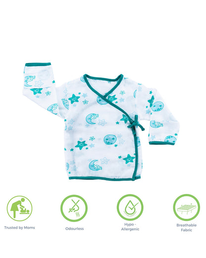 Kaarpas Blue Full Sleeves Kimono Jhabla Set with Shorts-Moon and Stars-Organic Cotton-For Infants