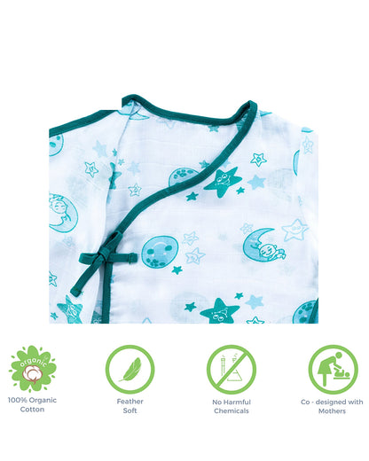 Kaarpas Blue Full Sleeves Kimono Jhabla Set with Shorts-Moon and Stars-Organic Cotton-For Infants