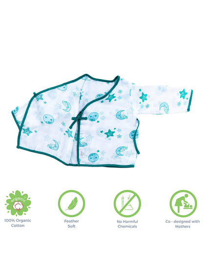 Kaarpas Blue Full Sleeves Kimono Jhabla Set with Shorts-Moon and Stars-Organic Cotton-For Infants