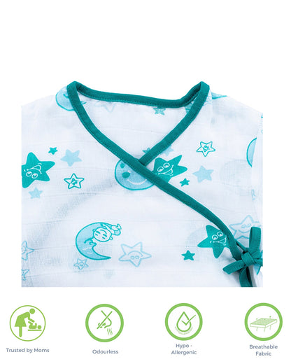 Kaarpas Blue Full Sleeves Kimono Jhabla Set with Shorts-Moon and Stars-Organic Cotton-For Infants