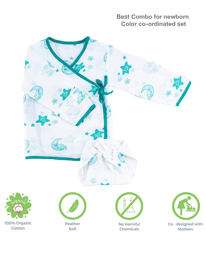 Kaarpas Blue Full Sleeves Kimono Jhabla Set with Nappy-Moon and Stars-Organic Cotton-For Infants