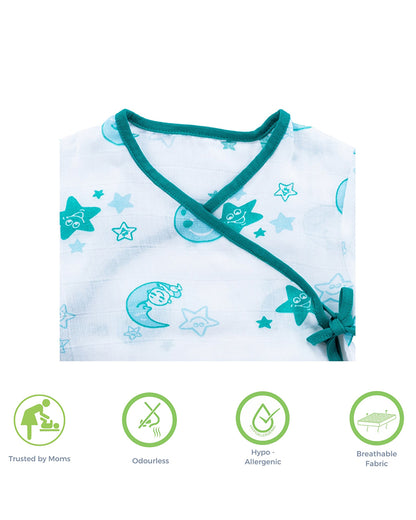 Kaarpas Blue Full Sleeves Kimono Jhabla Set with Nappy-Moon and Stars-Organic Cotton-For Infants