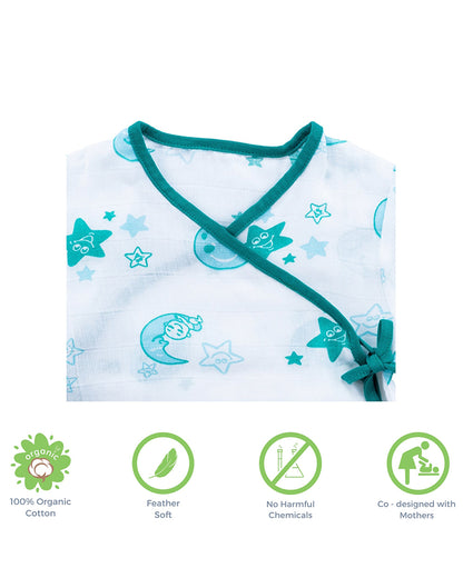Kaarpas Blue Full Sleeves Kimono Jhabla Set with Nappy-Moon and Stars-Organic Cotton-For Infants