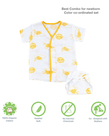 Kaarpas Yellow Half Sleeves Kimono Jhabla Set with Nappy-Sun-Organic Cotton-For Infants