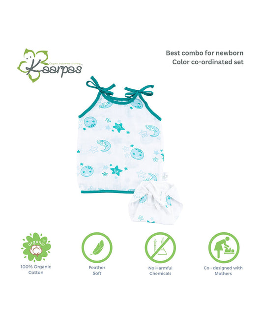 Kaarpas Blue Top and Nappy Set-Moon and Stars-Organic Cotton-For Infants