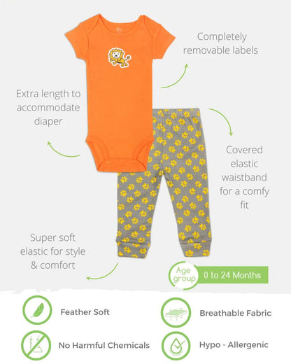 Kaarpas Orange and Grey Onesie-Bodysuit Set-Lion And Paws-Organic Cotton-For Infants