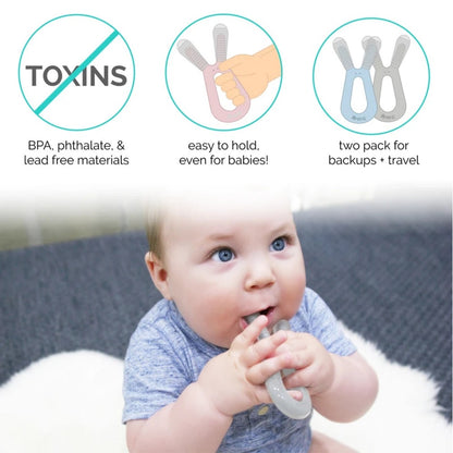 Zoli Dual Nub Bunny Teether-Dual Soft Textured-Soothe Hard to Reach Teeth-Mist & Ash-Pack of 2-6M+