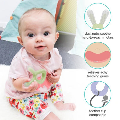 Zoli Dual Nub Bunny Teether-Dual Soft Textured-Soothe Hard to Reach Teeth-Mist & Ash-Pack of 2-6M+